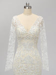 Long Sleeves Full Lace Mermaid Elegant Long V Neck Wedding Dresses, Prom Dresses LMX1123