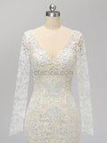 Long Sleeves Full Lace Mermaid Elegant Long V Neck Wedding Dresses, Prom Dresses LMX1123