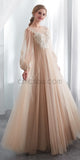 Long Sleeves Round Neck  Romantic Modest  Lace Applique  Long Prom Dress, Wedding Dresses LMX1156