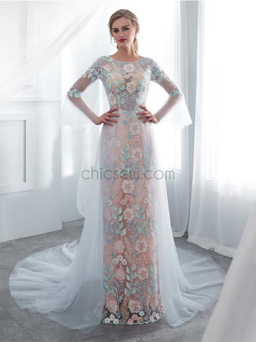 Long Sleeves Round Neck  Unique Design Lace Applique Mermaid Long Wedding Dresses, Prom Dress LMX1157