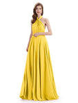 Simple A-Line High Neck Pleats Chiffon Floor Length Bridesmaid Dresses