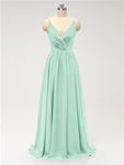 A-line Spaghetti Straps V Neck Chiffon Floor Length Bridesmaid Dresses