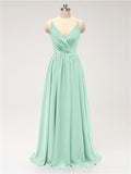 A-line Spaghetti Straps V Neck Chiffon Floor Length Bridesmaid Dresses