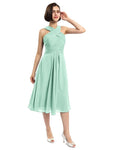 A-line Sleeveless Criss-cross Halter Tea-length Bridesmaid Dresses