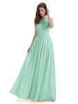 A-Line Round Neck Lace Pleats Floor Length Bridesmaid Dresses