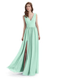 A-Line V-Neck Sleeveless Split Side Chiffon Long Bridesmaid Dresses