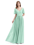 Chiffon A-line Short Sleeves Elegant Floor-Length Bridesmaid Dresses