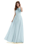 A-Line Round Neck Lace Pleats Floor Length Bridesmaid Dresses