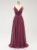 A-line Spaghetti Straps V Neck Chiffon Floor Length Bridesmaid Dresses