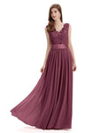 Elegant A-Line V-Neck Lace Chiffon Long Bridesmaid Dresses