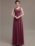 Simple V-Neck Pleats Chiffon Long Bridesmaid Dresses