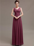 Simple V-Neck Pleats Chiffon Long Bridesmaid Dresses