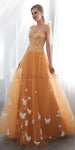 Newest Orange Round Neck  Unique Design Custom Lace Applique  Long Prom Dresses LMX1147