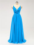 A-line Spaghetti Straps V Neck Chiffon Floor Length Bridesmaid Dresses