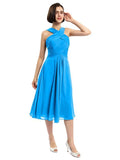 A-line Sleeveless Criss-cross Halter Tea-length Bridesmaid Dresses