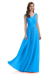 A-Line V-Neck Pleats Chiffon Long Bridesmaid Dresses