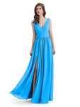 A-Line V-Neck Sleeveless Split Side Chiffon Long Bridesmaid Dresses