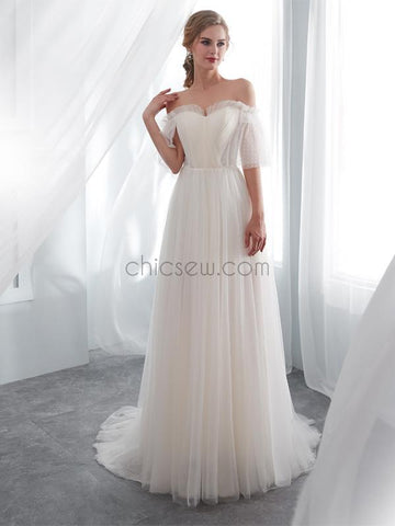 Off the Shoulder Half Sleeves Unique  Real Quality Dream Long Wedding Dresses, Bridal Dress LMX1161