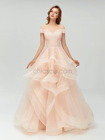 Off the Shoulder Organza Popular Vintage Modest Long Prom Dresses  Online LMX1101