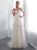 Off the Shoulder Tulle Unique A-line Romatic Dream Long Wedding Dresses LMX1160