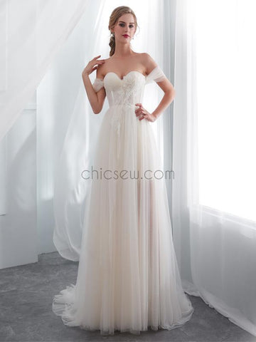 Off the Shoulder Tulle Unique A-line Romatic Dream Long Wedding Dresses LMX1160