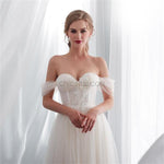 Off the Shoulder Tulle Unique A-line Romatic Dream Long Wedding Dresses LMX1160