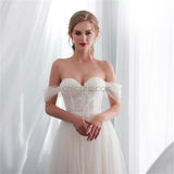 Off the Shoulder Tulle Unique A-line Romatic Dream Long Wedding Dresses LMX1160