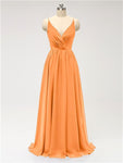 A-line Spaghetti Straps V Neck Chiffon Floor Length Bridesmaid Dresses