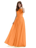 A-Line Round Neck Lace Pleats Floor Length Bridesmaid Dresses