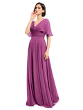 A-line V-neck Cap Sleeves Sleeves Chiffon Long Bridesmaid Dresses