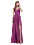 Simple V-neck Chiffon Floor-Length Side Slit Long Bridesmaid Dresses