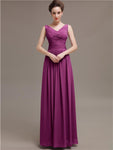 Simple V-Neck Pleats Chiffon Long Bridesmaid Dresses