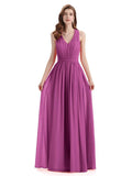 A-Line Sleeveless Pleats Chiffon Cheap Long Bridesmaid Dresses