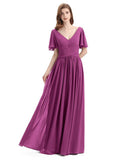 Chiffon A-line Short Sleeves Elegant Floor-Length Bridesmaid Dresses