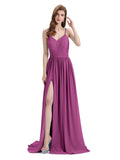 Spaghetti Straps A-line Chiffon Side Slit Long Bridesmaid Dresses