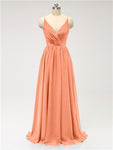 A-line Spaghetti Straps V Neck Chiffon Floor Length Bridesmaid Dresses