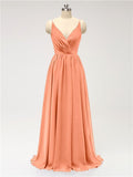 A-line Spaghetti Straps V Neck Chiffon Floor Length Bridesmaid Dresses