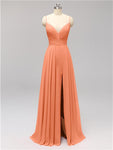 Honest Chiffon Spaghetti Straps Slit Long Bridesmaid Dresses