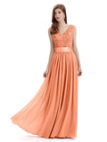 Elegant A-Line V-Neck Lace Chiffon Long Bridesmaid Dresses