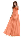 A-Line Round Neck Lace Pleats Floor Length Bridesmaid Dresses