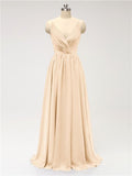 A-line Spaghetti Straps V Neck Chiffon Floor Length Bridesmaid Dresses