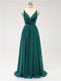 A-line Spaghetti Straps V Neck Chiffon Floor Length Bridesmaid Dresses