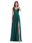 Simple V-neck Chiffon Floor-Length Side Slit Long Bridesmaid Dresses