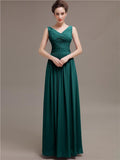 Simple V-Neck Pleats Chiffon Long Bridesmaid Dresses