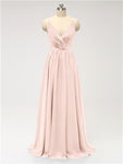 A-line Spaghetti Straps V Neck Chiffon Floor Length Bridesmaid Dresses