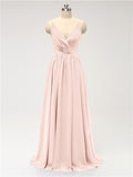 A-line Spaghetti Straps V Neck Chiffon Floor Length Bridesmaid Dresses