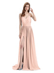 Spaghetti Straps A-line Chiffon Side Slit Long Bridesmaid Dresses