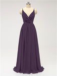 A-line Spaghetti Straps V Neck Chiffon Floor Length Bridesmaid Dresses