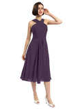 A-line Sleeveless Criss-cross Halter Tea-length Bridesmaid Dresses