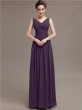 Simple V-Neck Pleats Chiffon Long Bridesmaid Dresses